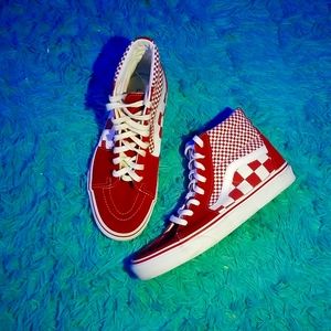 Red Vans wth checkerboard pattern